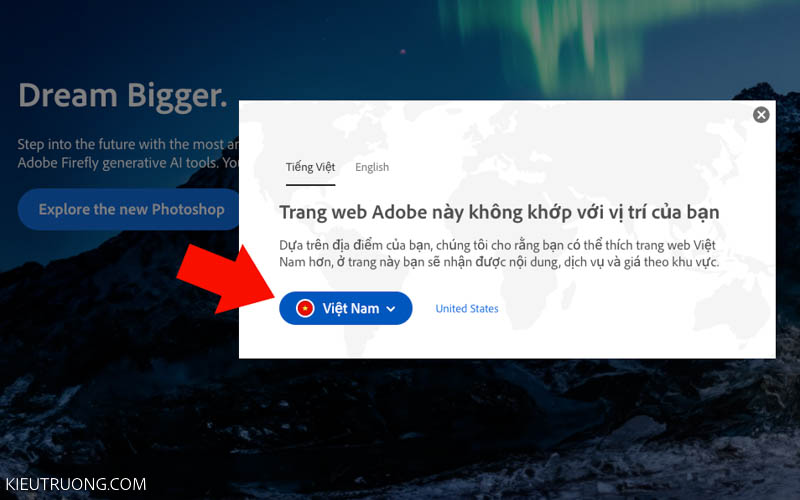 Truy cập vào trang chủ Adobe chọn Việt Nam