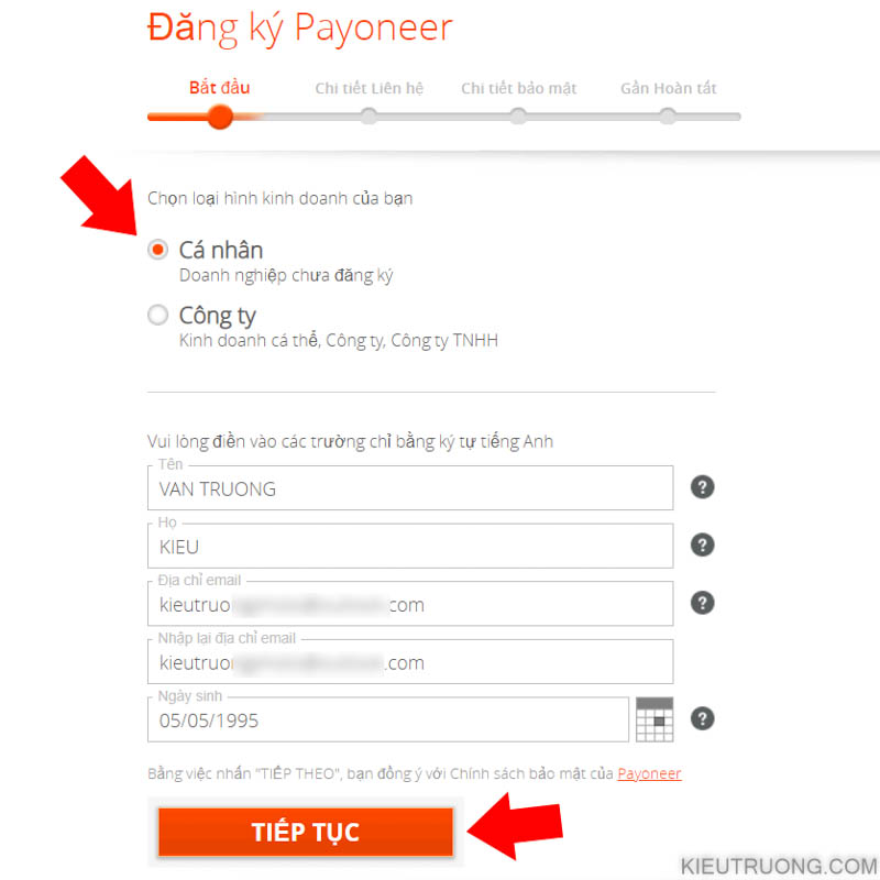 Nhập thông tin đăng ký tài khoản Payoneer của bạn