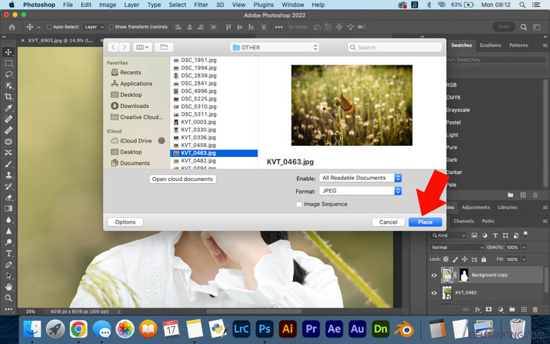Chọn File nhấn Place Embedded chọn nền