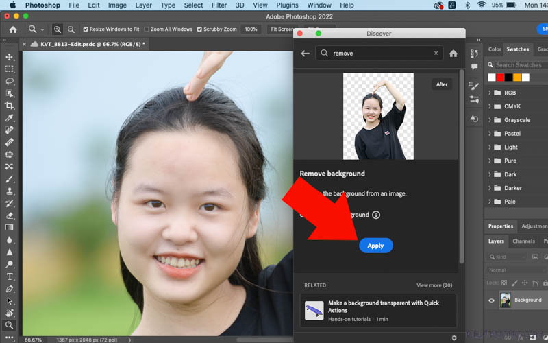 Nhấn Apply để tách tóc trong Photoshop