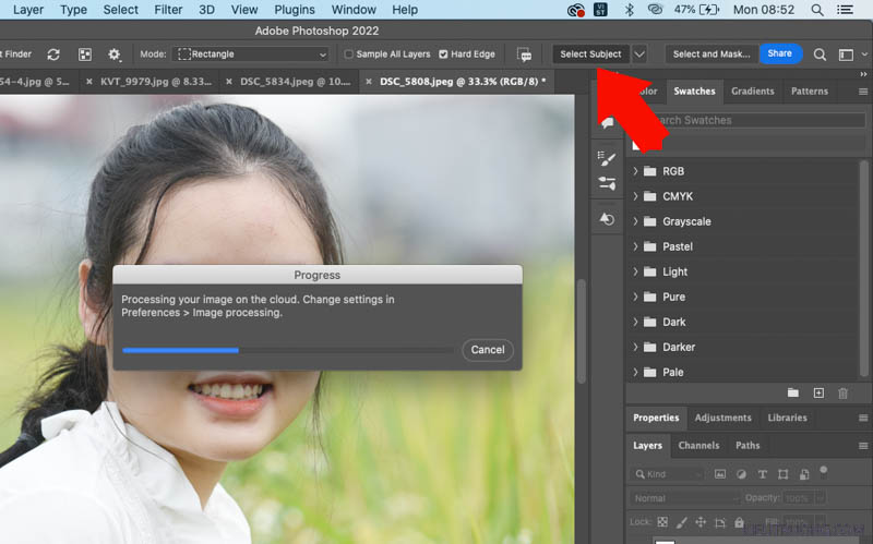 Nhấn vào Select Subject để tách tóc trong Photoshop