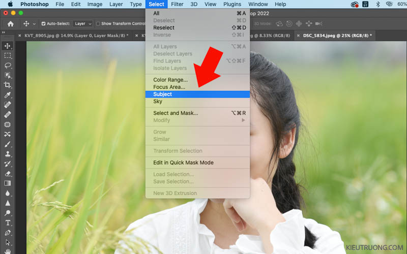 Tách tóc trong Photoshop bằng cách nhấn Select chọn Subject