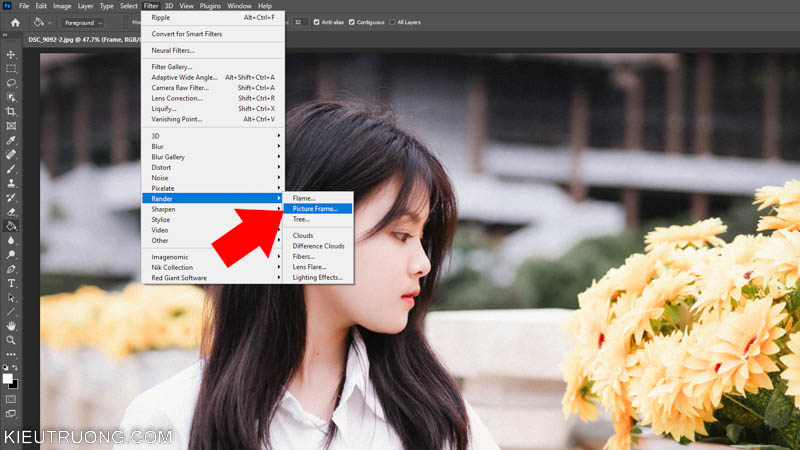 Nhấn Filter chọn Render, chọn Picture Frame để tạo khung ảnh trong Photoshop