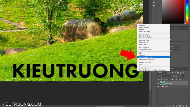 Click chuột phải chọn Content Aware Fill để xóa logo trong Photoshop