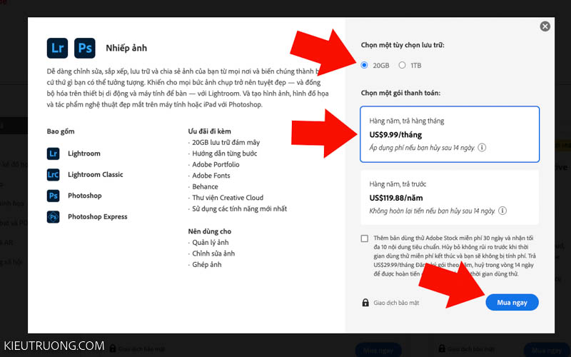 Chọn gói bản quyền Adobe rồi nhấn thanh toán