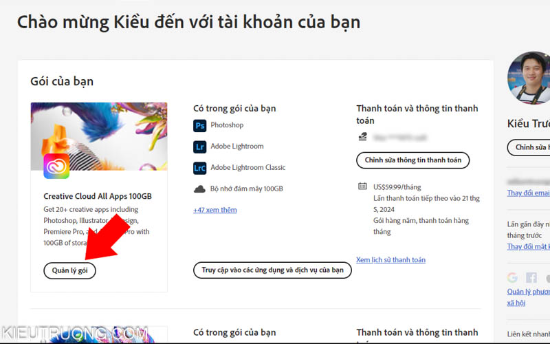 Nhấn vào quản lý tài khoản Adobe
