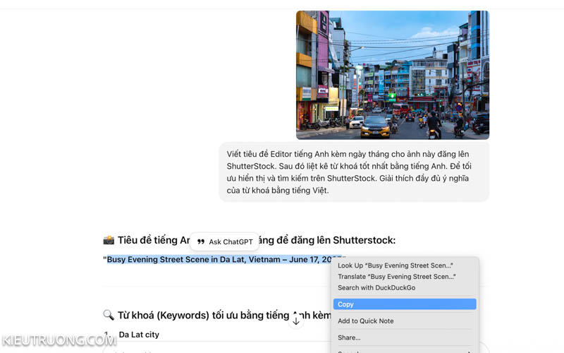 Sao chép tiêu đề Editor từ ChatGPT sang Lightroom
