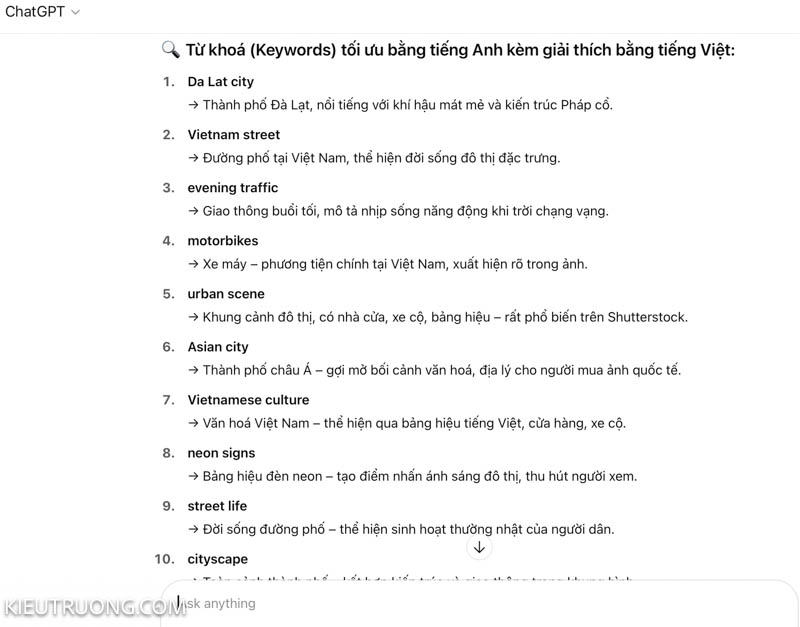 Yêu cầu ChatGPT phân tích từ khoá ảnh ShutterStock