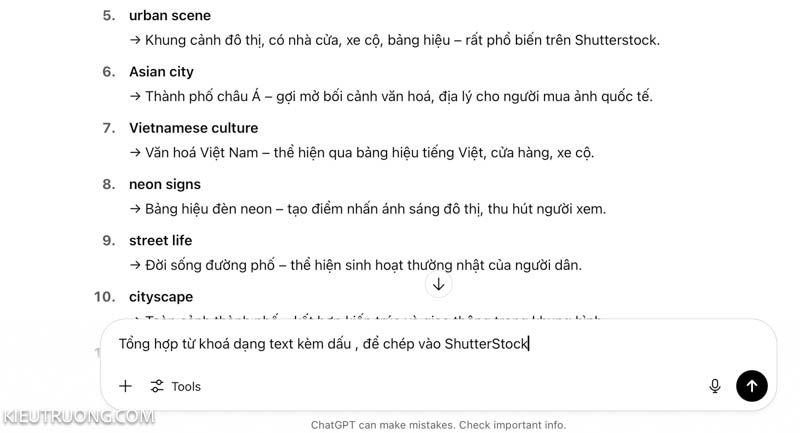 Yêu cầu ChatGPT tổng hợp từ khoá bán ảnh ShutterStock