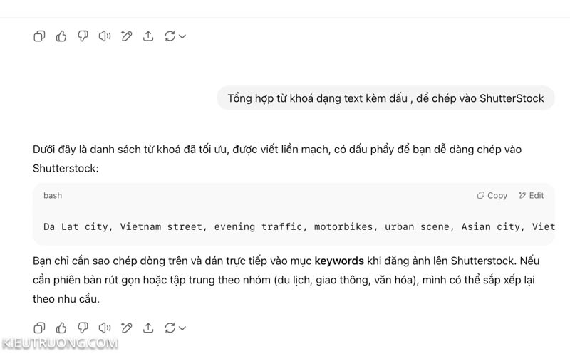 Yêu cầu ChatGPT tổng hợp từ khoá dạng Text đưa vào ShutterStock