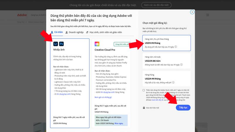 Chọn gói nhiếp ảnh bao gồm Photoshop và Lightroom 2026