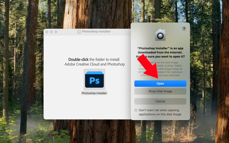 Nhấn Open đến cài đặt Photoshop 2026 trên MacBook