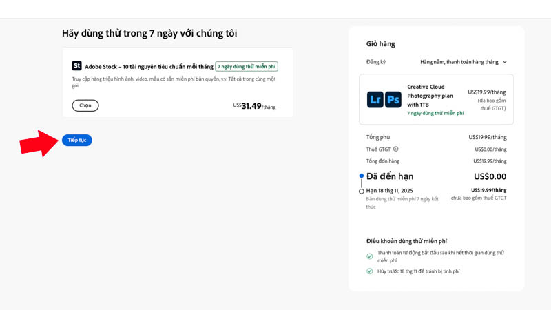 Nhấn tiếp tục đăng ký dùng thử 7 ngày Photoshop 2026