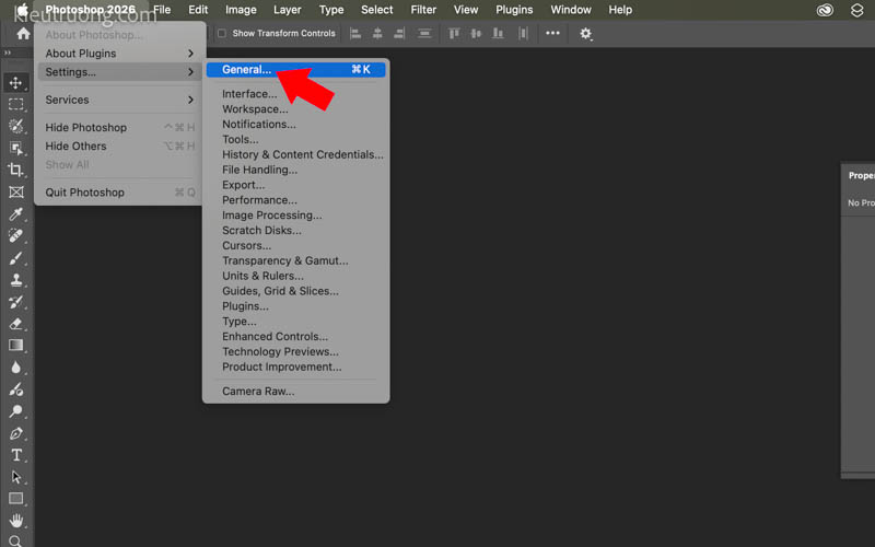 Nhấn vào Photoshop chọn Settings chọn General