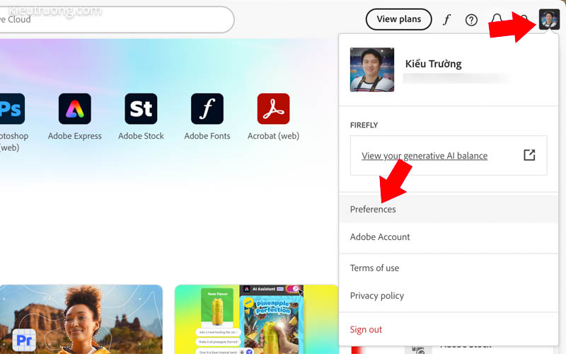 Nhấn vào Preferences trong Adobe Creative Cloud