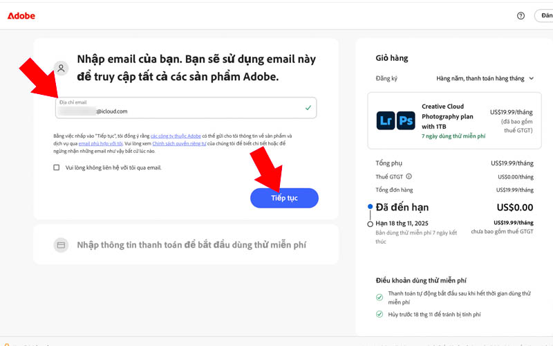 Nhập Email đăng ký tài khoản Adobe và dùng thử Photoshop 2026