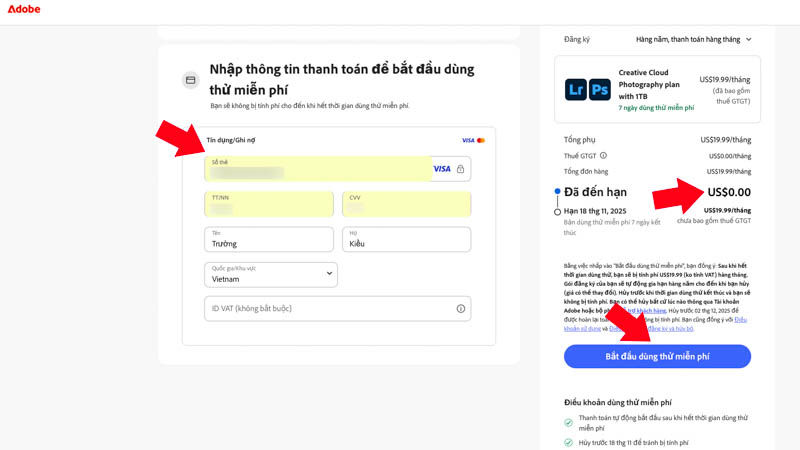 Nhập số thẻ Visa đăng ký dùng thử Photoshop 2026 rồi nhấn bắt đầu dùng thử