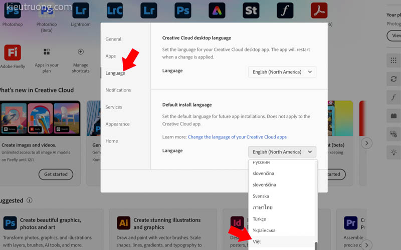 Nhấp vào Language chọn tiếng Việt cho Photoshop