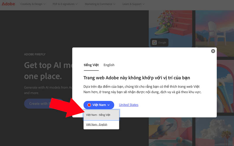 Truy cập trang Adobe chọn ngôn ngữ Việt Nam