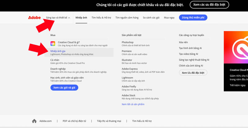 Truy cập trang chủ Adobe chọn gói nhiếp ảnh gia để tải Photoshop 2026
