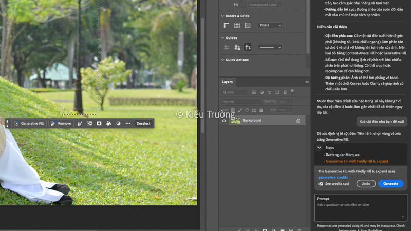 Nhấn Generate để Photoshop AI Assistant xoá vật thể